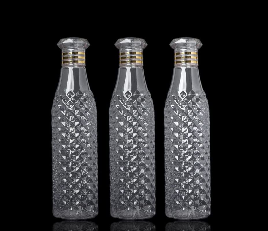 Felmico 1L Crystal Clear Plastic Water Bottles (Set of 3) – Diamond Pattern, Ideal for Kitchen, Office, Sports & Travel