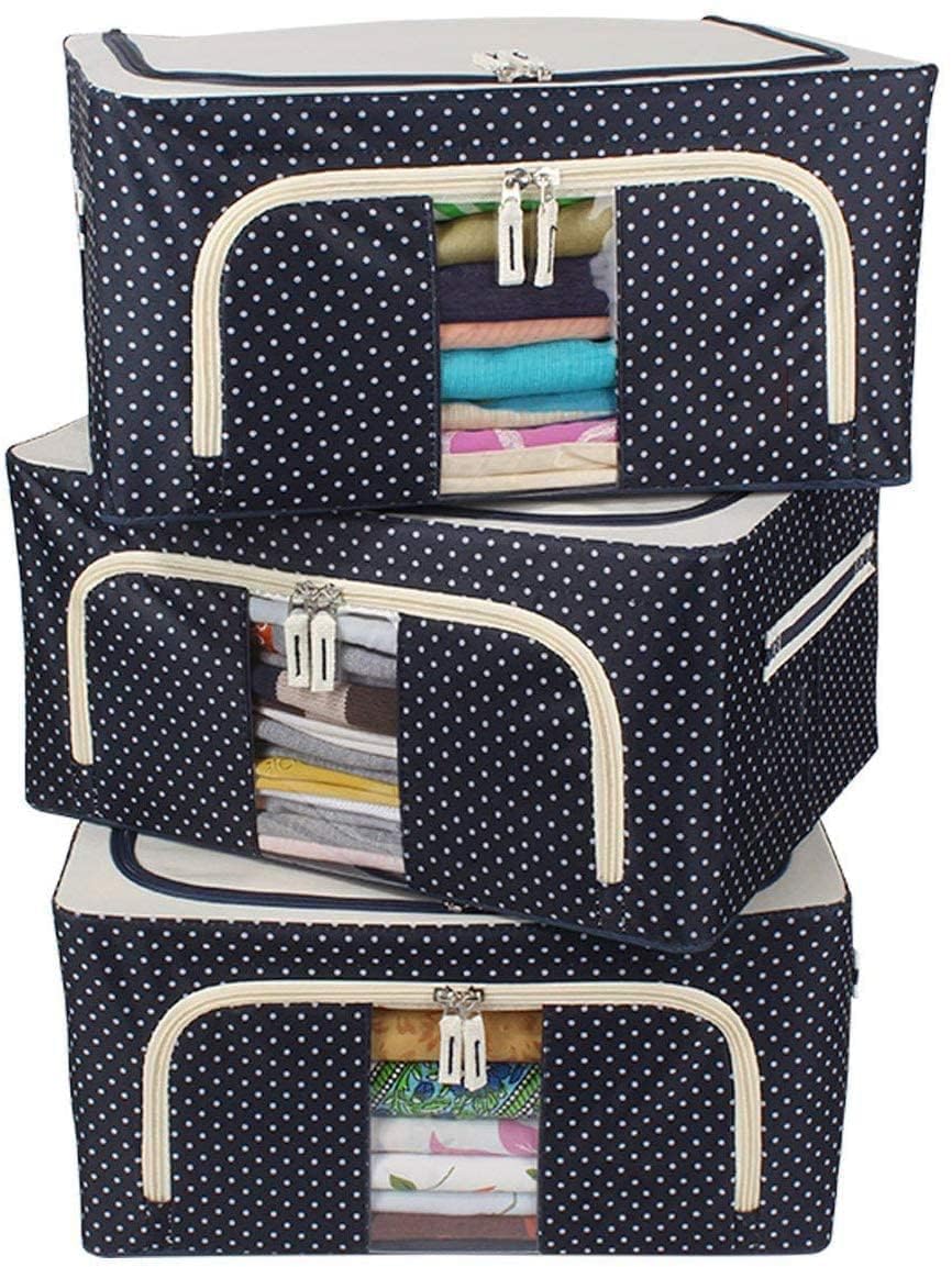 Felmico 24 LTR Foldable Storage Bag with Steel Frame – Oxford Fabric Zip Organizer for Clothes, Sarees, Bedsheets & Blankets (Pack of 1)