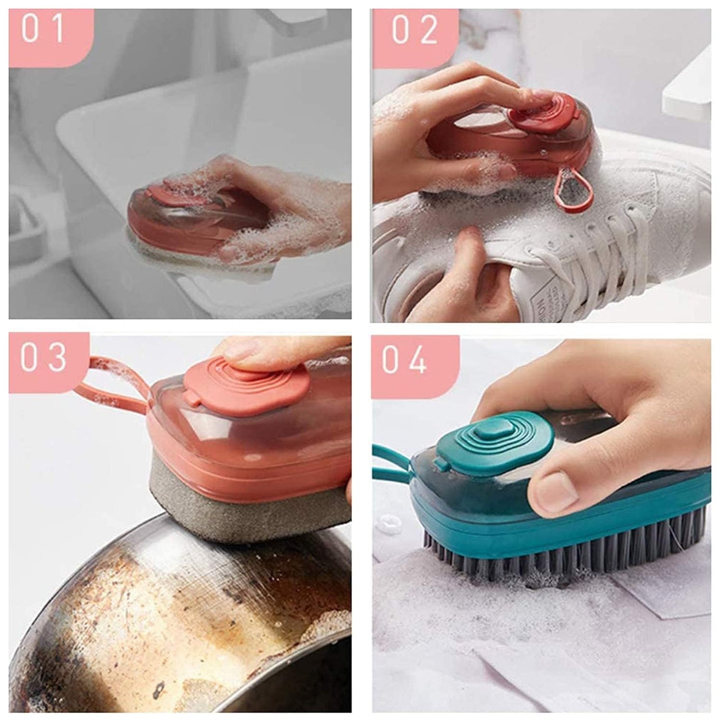 Felmico 3-in-1 Liquid Soap Dispensing Cleaning Brush – Plastic Kitchen Pot, Dish & Pan Scrubber with Soft Wool Bristles for Laundry, Shoes & Tile Cleaning (Multicolour, 1 Pc)