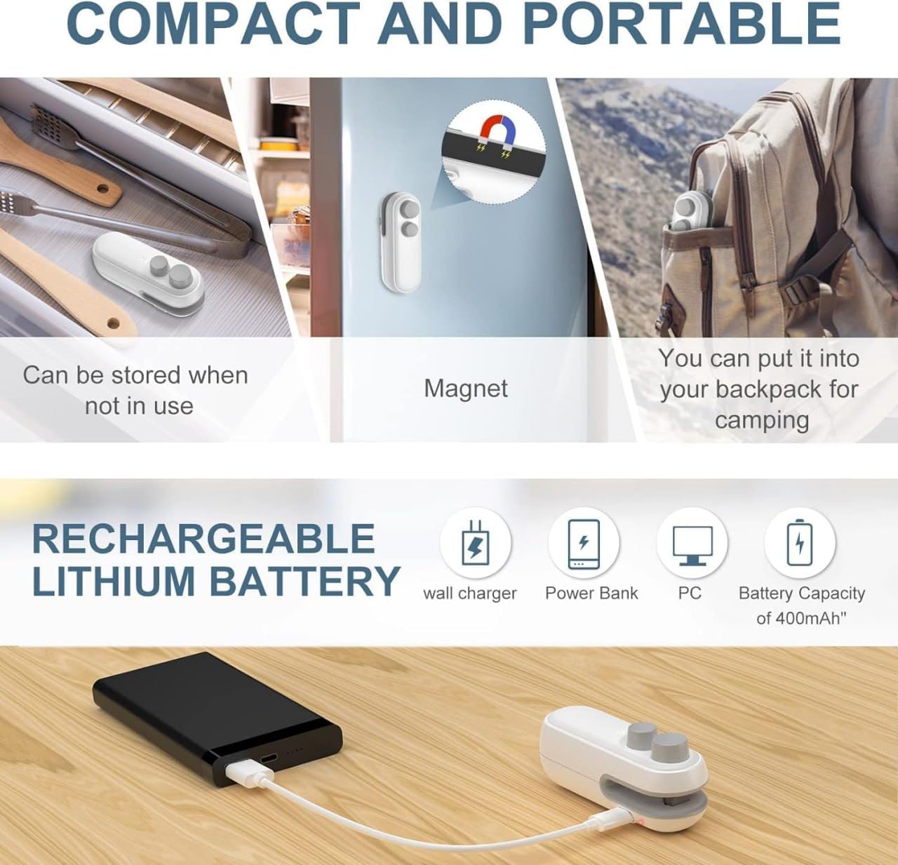 FELMICO 2-in-1 Mini Bag Sealer & Cutter | USB Rechargeable Heat Sealing Machine for Plastic & Snack Bags – Portable & Magnetic Design (Multicolor)