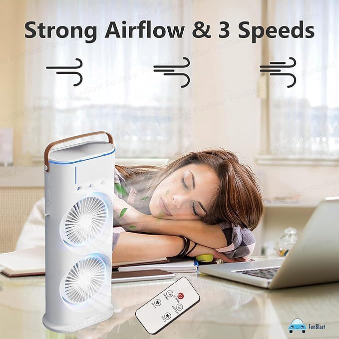 Felmico Portable Mini Air Cooler for Room Cooling | Double Ended Spray Mist Fan | USB Desk Fan for Summer, Home, Bedroom & Office | Rotatable Fan with LED Light & Remote