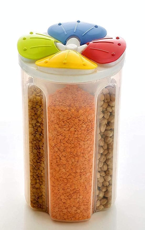 4-Section Flower Container Jar – 2500ml Airtight Plastic Food, Grain & Cereal Storage with Lid for Kitchen | Felmico