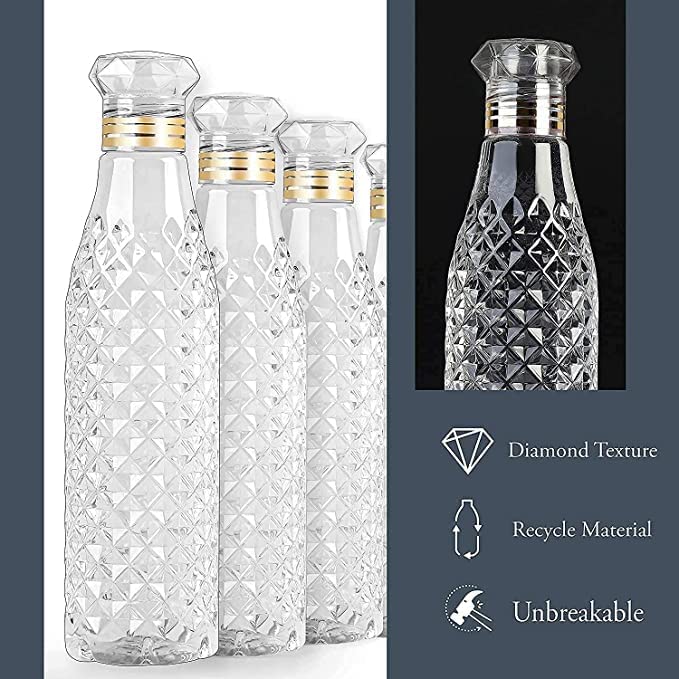 Felmico 1L Crystal Clear Plastic Water Bottles (Set of 3) – Diamond Pattern, Ideal for Kitchen, Office, Sports & Travel