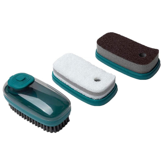 Felmico 3-in-1 Liquid Soap Dispensing Cleaning Brush – Plastic Kitchen Pot, Dish & Pan Scrubber with Soft Wool Bristles for Laundry, Shoes & Tile Cleaning (Multicolour, 1 Pc)