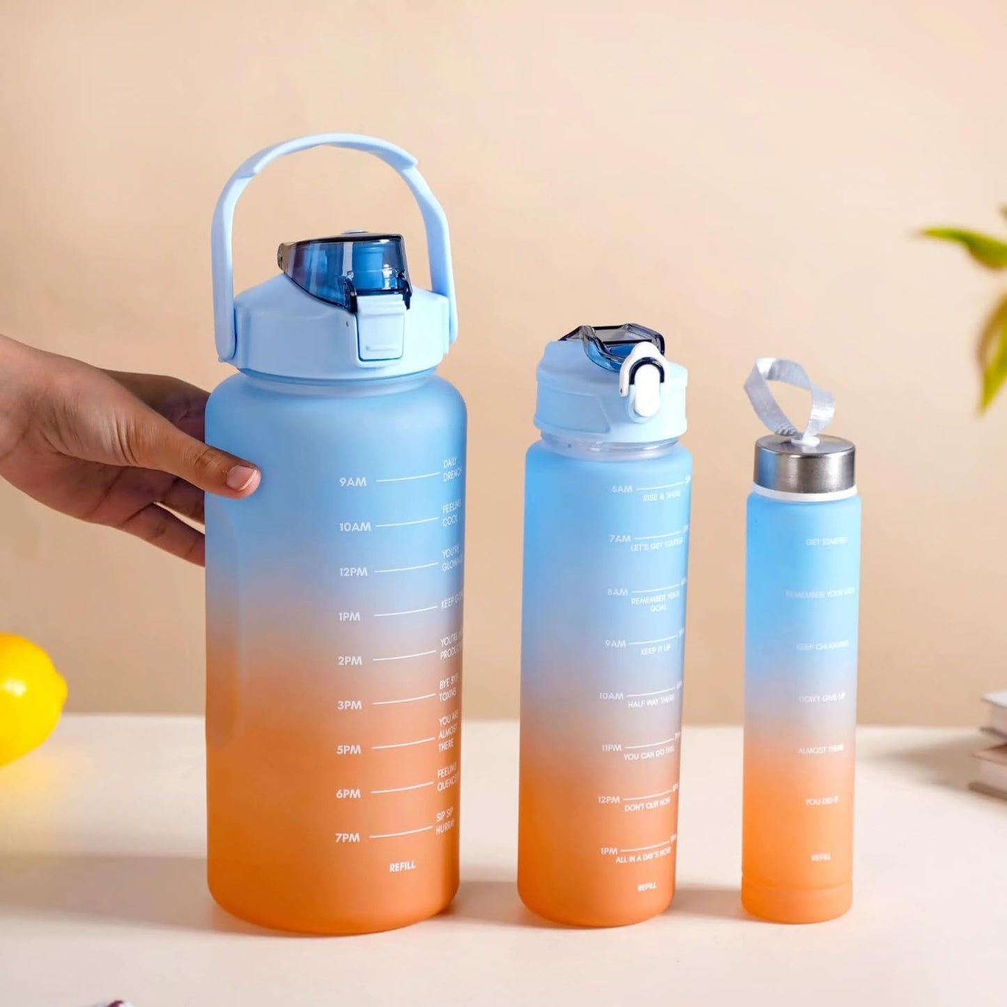 Felmico Time Marker Motivational Leakproof Large Capacity Fitness Bottle for Gym, Yoga, Travel & Outdoor Activities – Set of 3