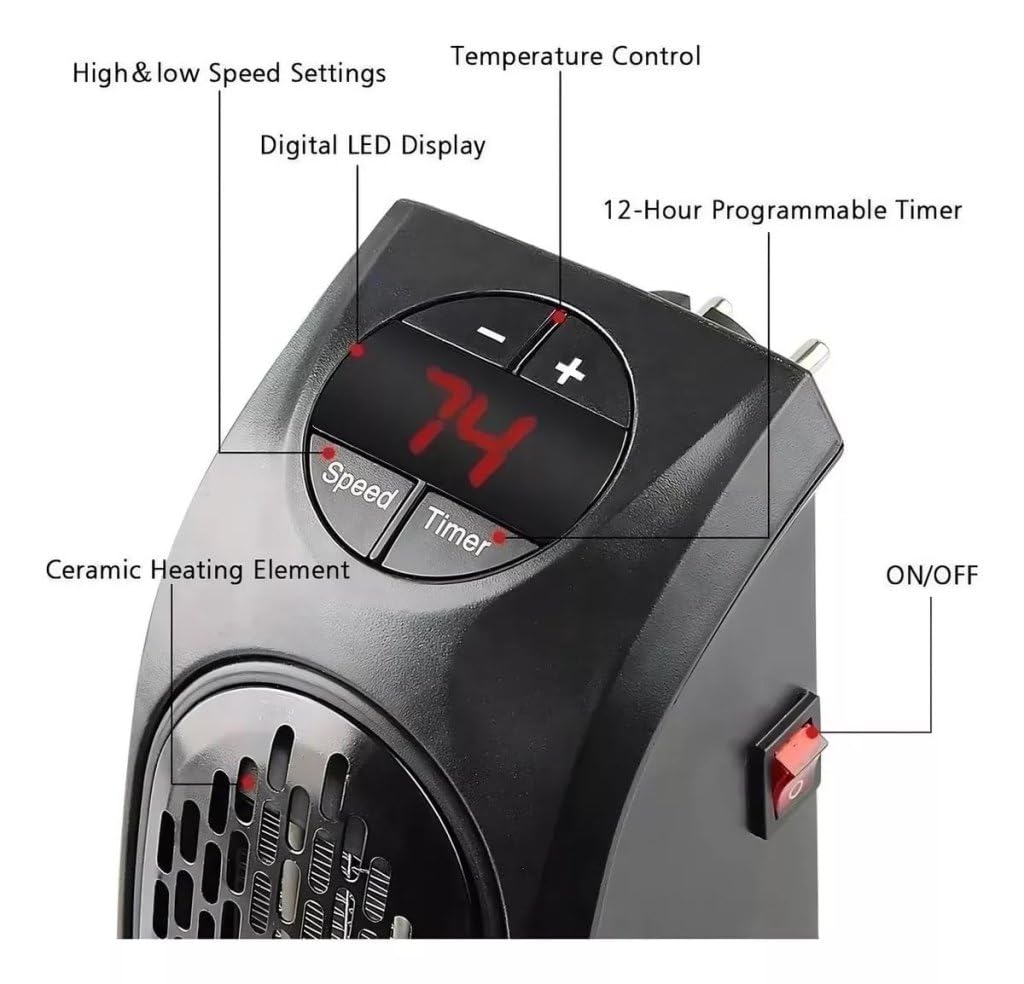 Felmico Wall-Outlet 400W Portable Electric Handy Room Heater, Mini Heater for Room, Office & Bedroom with LED Display, Adjustable Temperature & Stylish Black Design          Ask ChatGPT