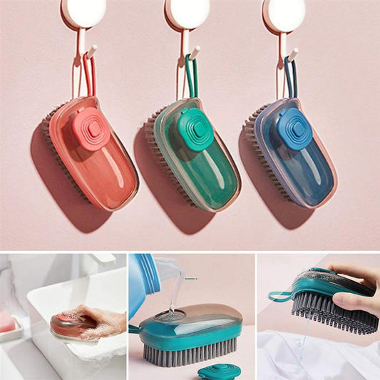 Felmico 3-in-1 Liquid Soap Dispensing Cleaning Brush – Plastic Kitchen Pot, Dish & Pan Scrubber with Soft Wool Bristles for Laundry, Shoes & Tile Cleaning (Multicolour, 1 Pc)
