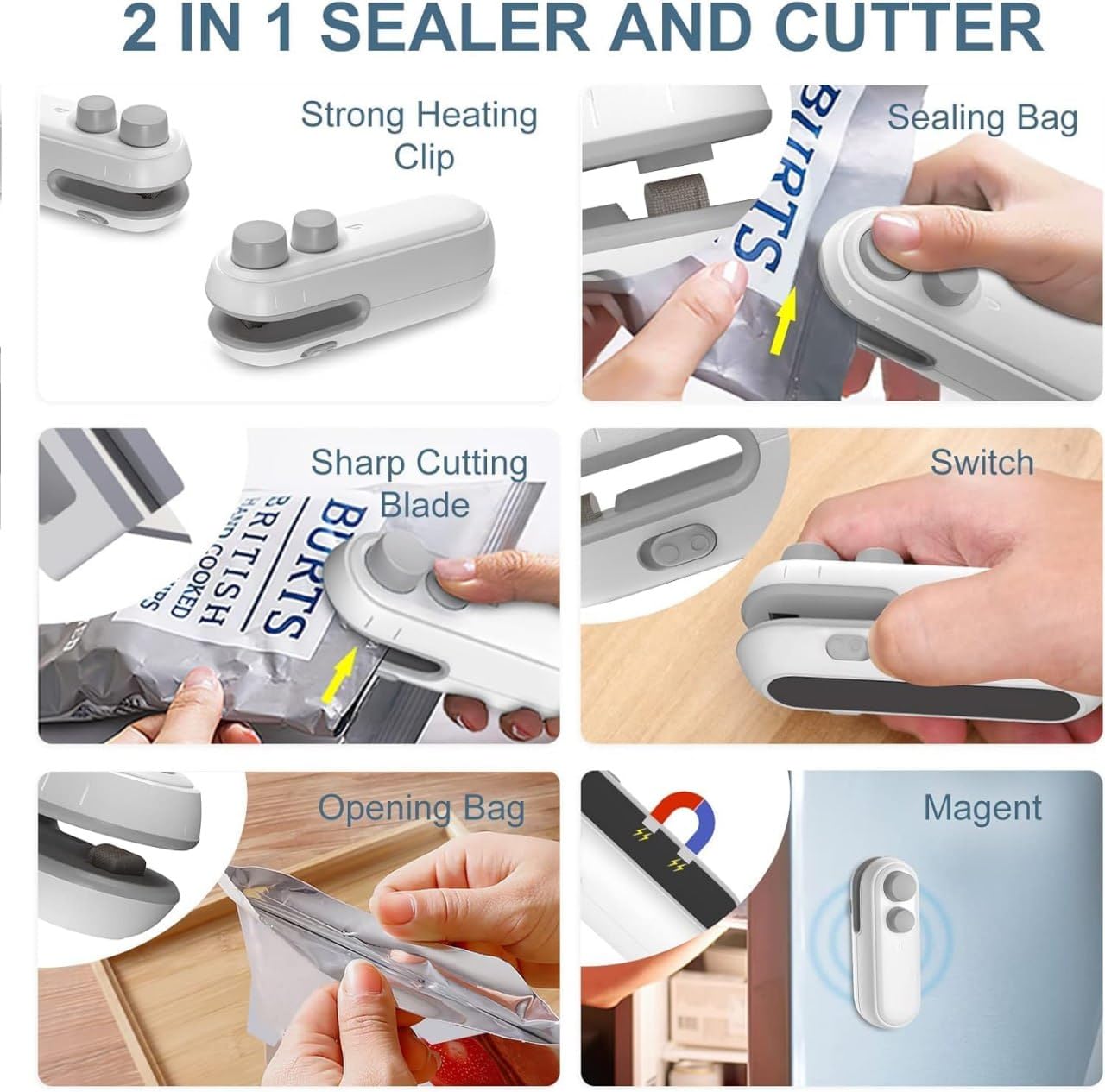 FELMICO 2-in-1 Mini Bag Sealer & Cutter | USB Rechargeable Heat Sealing Machine for Plastic & Snack Bags – Portable & Magnetic Design (Multicolor)