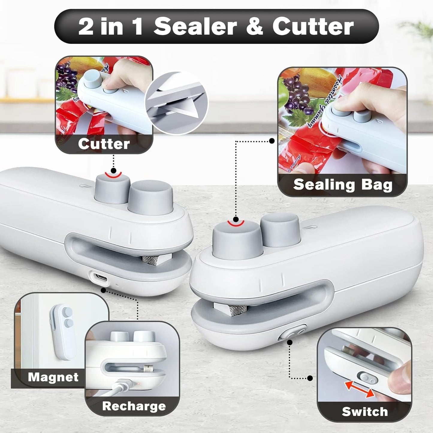FELMICO 2-in-1 Mini Bag Sealer & Cutter | USB Rechargeable Heat Sealing Machine for Plastic & Snack Bags – Portable & Magnetic Design (Multicolor)