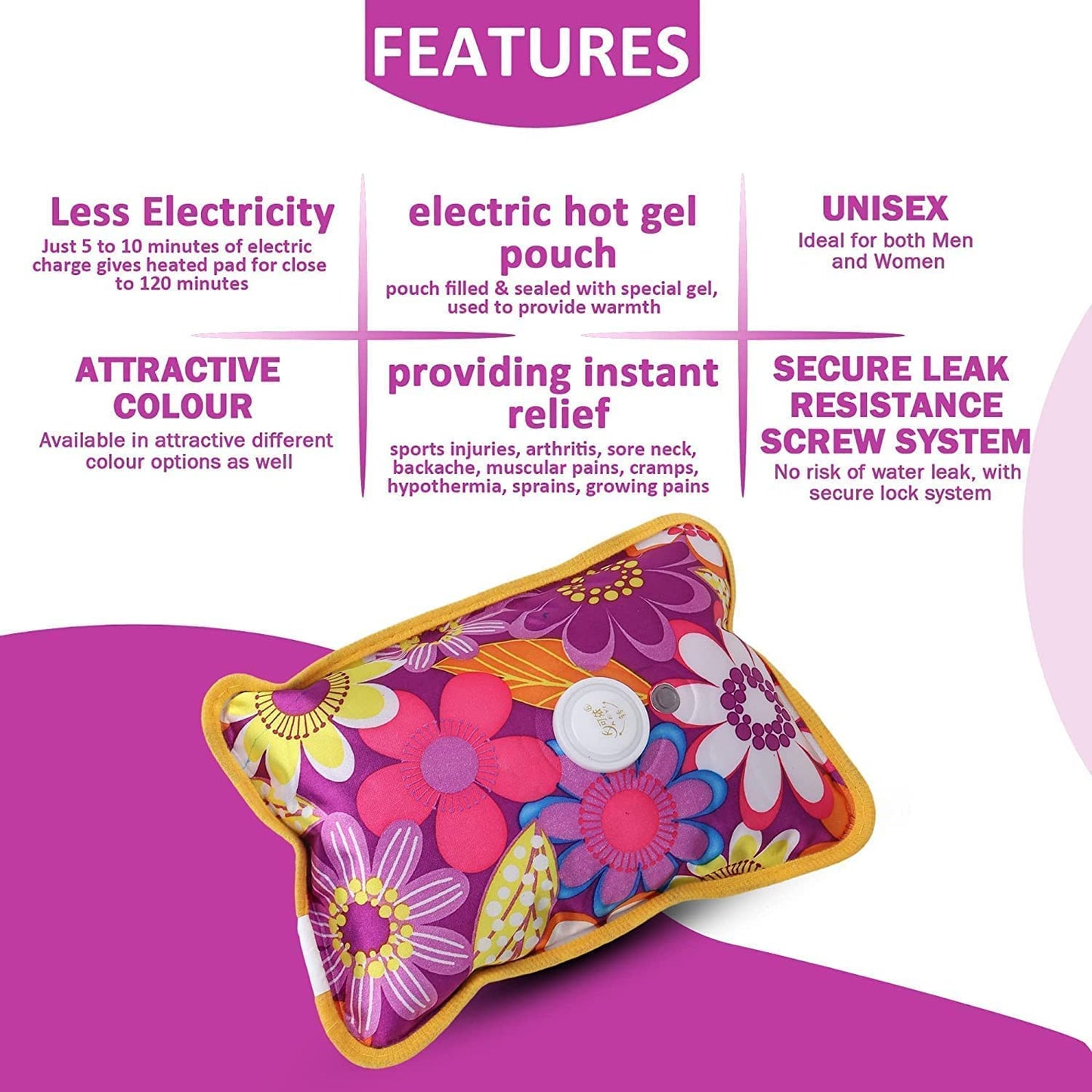 Felmico Electric Hot Water Bag for Pain Relief | Gel Heating Pad with Charging Cord | Reusable Hot Pack for Back, Neck & Body Pain – Multicolour