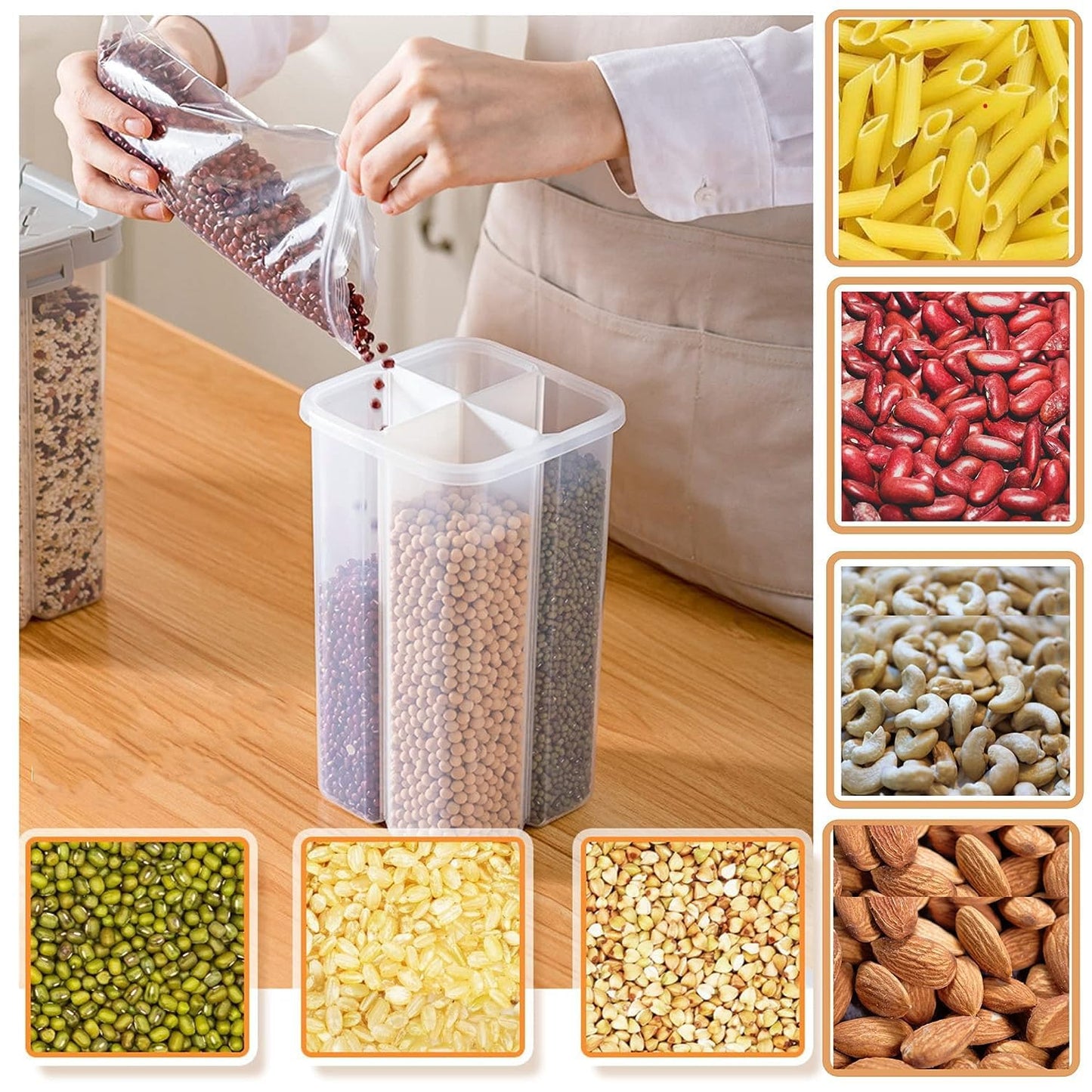4-Section Flower Container Jar – 2500ml Airtight Plastic Food, Grain & Cereal Storage with Lid for Kitchen | Felmico